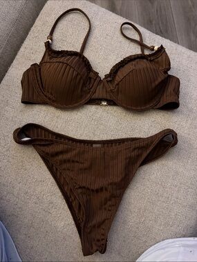 SHEIN Brown Ribbed Underwire Bikini Set